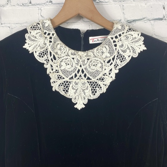 TALBOTS Vintage Black Velvet Long Sleeve Lace Trim Midi Dress size 8 - Picture 2 of 6